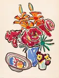 Gabriele Münter, Stillleben mit Blumen und Obstschale, Farblithografie auf Velin