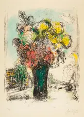 Le bouquet rouge et jaune by Marc Chagall, 1974, Farblithografie auf ARCHES (Wasserzeichen), sold May 2017