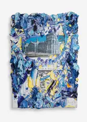 "Amerikanisch-Europäisches Bild (Berlin) - Christo (Reichstag-Übermalung), Gold-Blau)" by Bernd Schwarzer, Öl über Farboffset auf Velin auf Leinwand, sold Jun 2017