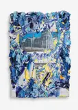 Bernd Schwarzer, "Amerikanisch-Europäisches Bild (Berlin) - Christo (Reichstag-Übermalung), Gold-Blau)", Öl über Farboffset auf Velin auf Leinwand