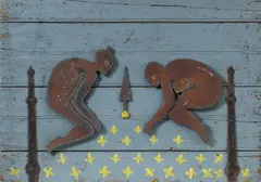 Anatol Herzfeld, "das Liebespaar", 1989, Eisen, alte Eisenbeschläge und Dispersion auf Holz