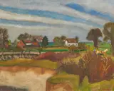Otto Modersohn, Häuser bei Düvelsdorf - Kätzchenbüsche