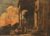 Giovanni Ghisolfi, A Capriccio Port Scene, Oil on canvas laid down