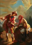 Jean-Claude Bonneford, A Hurdy Gurdy Player with a Young Woman in an Alpine Lake Landscape, Oil on canvas