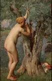 Louis Dauvergne, Female Nude Bather in River Landscape, Oil on wood panel