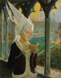 Edgar Maxence, Portrait of Isabeau of Baviere Reading a Book of Hours, Oil on wood panel