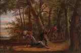 Swiss School, Figures in a Wooded Landscape with a Stubborn Mule, Oil on wood panel