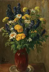 Ferdinand Zix, Floral Still Life with Daisies and Chrysanthemums, Oil on artist board