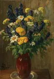 Ferdinand Zix, Floral Still Life with Daisies and Chrysanthemums, Oil on artist board