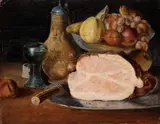 William Claeszoon Heda, Still Life with Fruit, Vessels and Ham, Oil on artist board