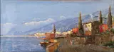 Hans Johann Wagner, Expansive Italian Seaside Village Landscape, Oil on canvas