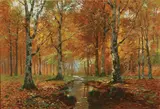 Carl Fey, Tranquil Fall Forest View with Stream, Oil on canvas