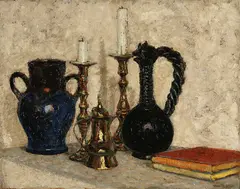 Max Richter, Still Life with Pitchers, Vase, Candlesticks and Books, Oil on canvas