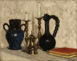 Max Richter, Still Life with Pitchers, Vase, Candlesticks and Books, Oil on canvas