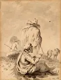 Johann Lingelbach, Study of Three Peasants and a Dog, Ink wash on paper