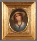 Portrait of Young Woman in a Blue Dress with a Yellow Hat by American School, Oil on artist board, offered Nov 2012