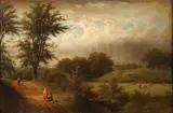 Isaac L. Williams, Expansive Landscape with Figures and Grazing Cattle, Oil on canvas laid down
