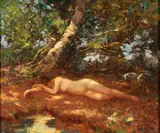 Sleeping Nude in Wooded Landscape by American School, Oil on canvas, offered Nov 2012