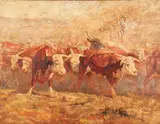 Herding Cattle by American School, Oil on canvas laid down on board, offered Nov 2012