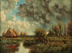 Landscape with Haystacks and Approaching Storm by George W. Drew, Oil on canvas, offered Nov 2012