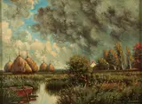 George W. Drew, Landscape with Haystacks and Approaching Storm, Oil on canvas