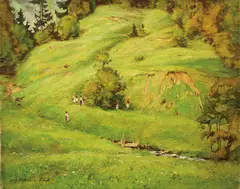 Fritz Köhler, Expansive Alpine Meadow Landscape with Figures, Oil on canvas
