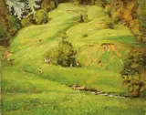 Fritz Köhler, Expansive Alpine Meadow Landscape with Figures, Oil on canvas