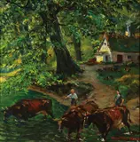 Christian Bogo, Cows Watering with Figures, Oil on canvas