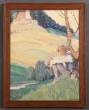 W. Bergmann, Shepherd Resting and in the Distant Background a Funeral Procession, Gouache and watercolor on artist board