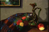 German School, Still Life with Apple, Vase, Flowers and Textiles