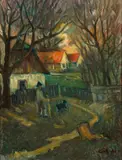 Andor Kántor, Courtyard with Figure and Dog, Oil on artist board