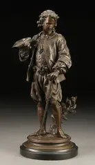 Émile-Victor Blavier, A Young Man with Walking Stick Holding His Hat, Bronze with dark brown patina