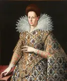 Frans Pourbus the Younger, A Young Woman Wearing a Richly Embroidered fleur de lis Pattern Dress, Possibly a Portrait of Maria de Medici, Future Queen Consort of France, Oil on canvas