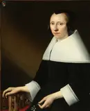Anthonie Palamedesz., Portrait of a Lady Holding a Sprig of Lilies of the Valley and her other Hand Resting on a Vanitas Still Life