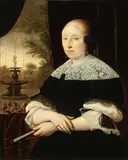 Bartholomeus van der Helst, Portrait of an Elegant Lady Holding Fan and with Distant Garden and Fountain Beyond, 1668, Oil on canvas