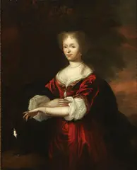Constantijn Netscher, Portrait of a Lady in Red Dress with a Dog, Oil on canvas