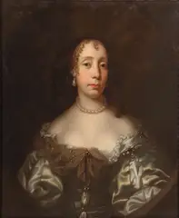 Jacob Huysmans, Portrait of Catherine Braganza Wearing a Satin Dress, Pearl Necklace and Earrings, Oil on canvas in feigned oval
