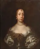 Jacob Huysmans, Portrait of Catherine Braganza Wearing a Satin Dress, Pearl Necklace and Earrings, Oil on canvas in feigned oval