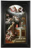 Hispano-Flemish School, Saint Ildephonsus Receiving a Floral Crown, circa 1617, Oil on arched wood panel