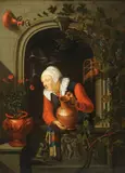 Woman Watering Plants in a Window Niche by Circle & Follower of Gerrit Dou, Oil on wood panel, offered Nov 2011