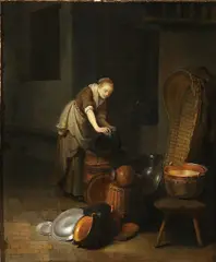Interior with Young Woman Scouring a Pot by Pieter van den Bosch, Oil on wood panel, offered Nov 2011