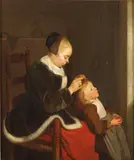 Hendrik Jacobus Scholten, Mother Combing a Child's Hair, Oil on wood panel