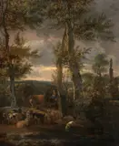 Flemish School, Farmers with Livestock in a Wooded Landscape