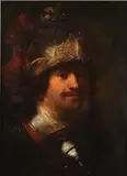 Rembrandt van Rijn, Bust Portrait of a Soldier Wearing a Helmet and Armor, Oil on wood panel