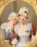 Jean-Baptiste Greuze, The Young Maidservants, Oil on wood canvas in feigned oval