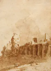 Travelers by Roman Ruins by Bartholomeus Breenberg, 1612, Brown wash on paper, offered Nov 2011