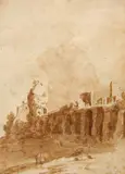Bartholomeus Breenberg, Travelers by Roman Ruins, 1612, Brown wash on paper