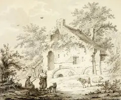 Peasant Family by a Stone Cottage by Carel Lodewyk Hansen, Ink and wash over black chalk on paper, offered Nov 2011