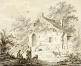 Carel Lodewyk Hansen, Peasant Family by a Stone Cottage, Ink and wash over black chalk on paper