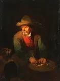 Willem Linnig Sr., Man with Dog in Tavern Filling his Pipe, Oil on wood panel